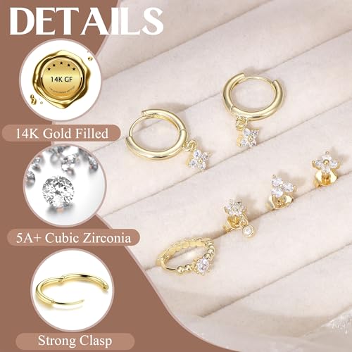 ZELORES 6PCS 14k Gold Plated Hoop Earrings Stacks for Women Trendy Small Chunky Huggie Earring CZ Cartilage Stud Earrings Hypoallergenic Dangle Chain Earrings for Multiple Piercing