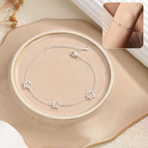 Dainty Silver Gold Bracelets for Women Trendy Non Tarnish 14K Gold Plated Cute Clover Bracelet Stackable Daisy Cubic Zirconia Diamond Charm Bracelet Stack Waterproof Jewelry Gifts - color: C- Daity Bracelet- Silver