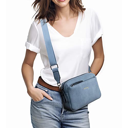 Alldaily Small Triple Zip Crossbody Purse for Women, Vegan Leather Phone Bag with Wide Shoulder Strap - color: Blue