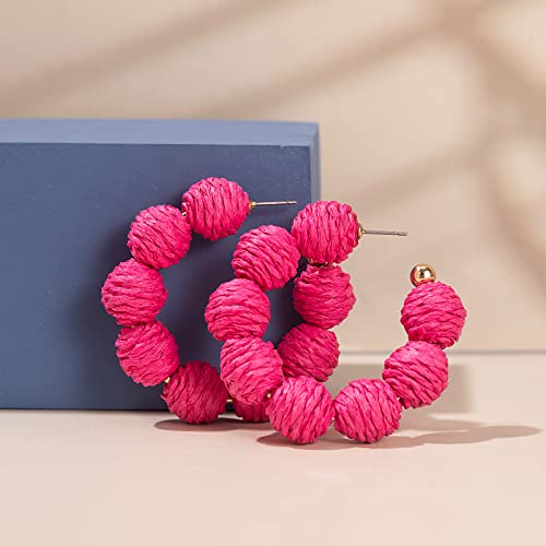 Raffia Hoop Earrings Statement Boho Beaded Earrings Cute Rattan Handmade Colorful Jewelry for Women Unique Summer Outfits - color: Rose
