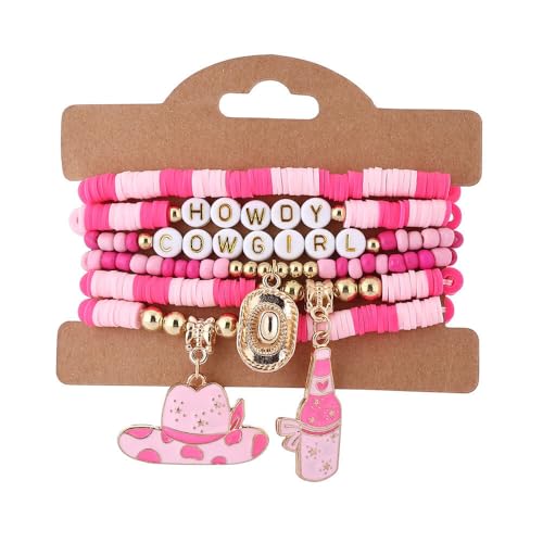 Fuqimanman2020 Boho Western Cowgirl Howdy Stackable Beaded Bracelet Set for Women Western Country Hat Boot Charms Polymer Clay Beads Bracelets Country Concert Rodeo Jewelry Gift - color: Style 2 Pink Hat
