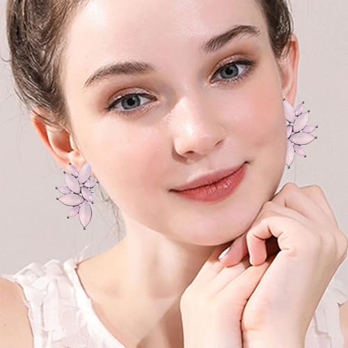 Bohemian Statement Sparkly Colourful Fancy Rhinestone Crystal Flower Dangle Drop Stud Earrings Vintage Wedding Bridal Prom Earrings for Women - color: Light Pink