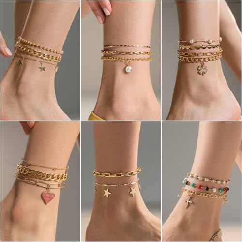 16 Pcs Gold/Silver Anklet Bracelets for Women Cuban chain Heart-shaped Beads Layered Adjustable Size Beach Daily Party - color: golden