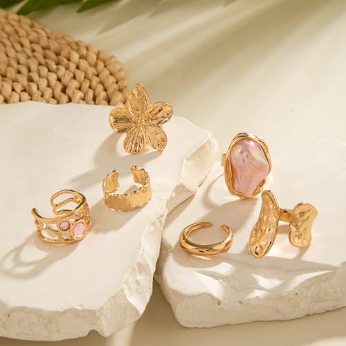6Pcs Gold Flower Crystal Chunky Knuckle Rings Stacked for Women, Statement Stack Zirconia Hammered Geometry Irregular Baroque Pearl Open Ring Jewelry Gift - color: Light Red