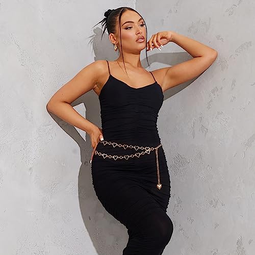 Long Tassel Waist Chain Belt for Women, Adjustable Metal Body Belly Belt Chain for Dress - color: Gold Double Heart, size: L: (Fit Waist 51.2in)