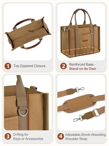FIORETTO Women’s Canvas Tote Bag Purse with Zipper, Multi Compartment & Reinforced Bottom, Ideal for Work, Bible, Travel - color: Brown, size: Large, style: Built-in Organizer