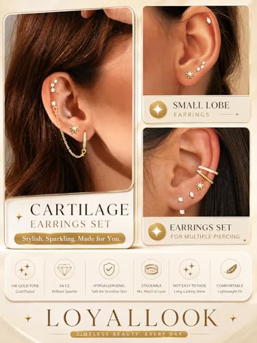 LOYALLOOK Hypoallergenic Flat Back Stud Hoop Earrings for Women, 14K Gold Plated Surgical Steel Earring Stacks Set for Sensitive Ears, Dainty Dangle Chain Silver Cartilage Earring Trendy Piercing Jewelry - color: Gold-cuff
