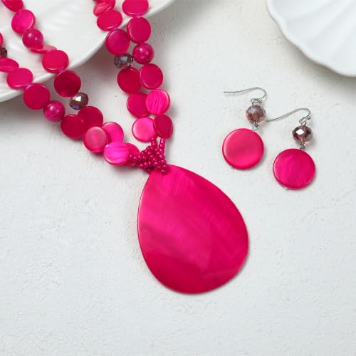 Big Teardrop Pendant Necklaces for Women Colorful Beaded Necklaces Statement Set for Holiday. - color: Hot Pink