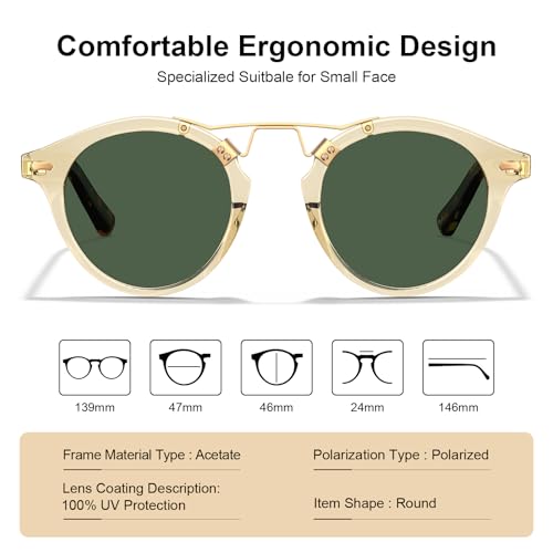 CARFIA Double Bridge Small Acetate Sunglasses for Women Polarized, Retro Metal Brow Ladies Sunnies Fashion Round Eyewears - color: 5. Translucent Yellow Frame Green Lens