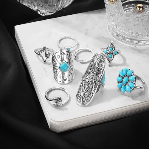 Western Rings Set for Women Red Boho Turquoise Ring Vintage Stackable Knuckle Rings Bohemian Cowboy Cowgirl Jewelry Country Concert Outfits - color: turquoise A