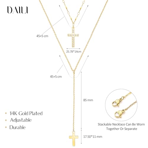 DALI Long Gold Necklaces for Women, Dainty Layered Sterling Silver Plated Y Shaped Necklace Stack Non Tarnish Cross CZ Pendant Long Chain Choker Adjustable Necklaces Jewelry for Vacation Christmas - color: Gold Cross Long Necklace
