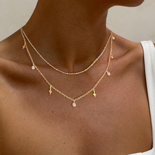 Layered Necklaces For Women,Dainty Gold Plated Necklace Stack Prom Layering Necklaces For Women Trendy Chain Cross Choker Necklace Set Fashion Accessories - color: star+satellite