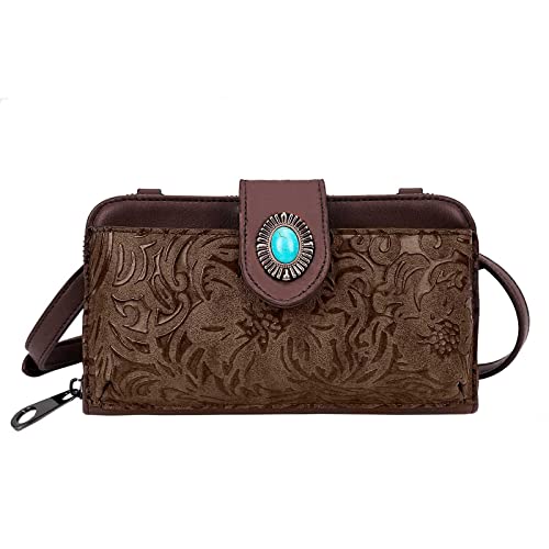 LAVAWA Women's Crossbody Handbag Small Vintage, Ladies Wallet Western Adjustable Phone Purse Clutch Turquoise Concho Embossed - color: Coffee