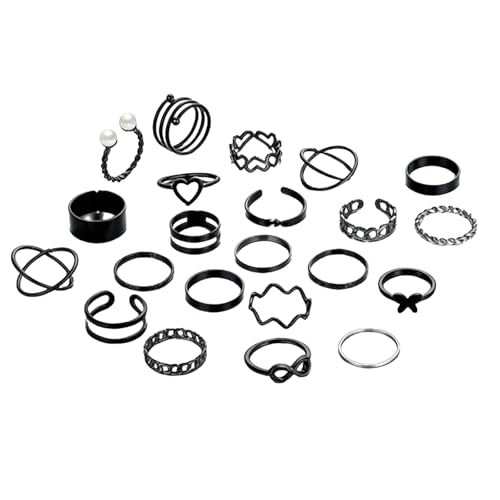 Vintage Silver/Gold/Black Kunckle Rings Set for Women Boho Stackable Rings Butterfly Pearl Heart Rings Open Adjustable Finger Rings Statement Rings Set Jewelry Gifts - color: Black