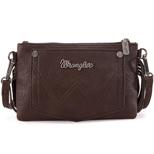 Wrangler Crossbody Small Purse for Women Wristlet Fringe Bag Western Purse - color: Angel Coffee