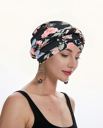 ZLYC Chemo Headwear for Women Pre Tied Turban Headwear Lightweight Beanie Hat - color: Braid Floral Pink Black