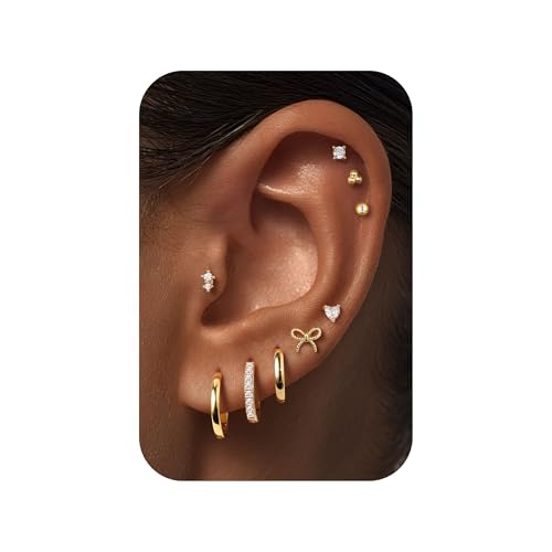 M MOOHAM Hypoallergenic Flat Back Earring Stack for Women Teen Girls, 14K Gold Plated Small Huggie Hoop Earrings Trendy Dainty Gold Cartilage Stud Earring Stacks Set Jewelry Gifts for Women Girls - color: 14K-Gold-Plated
