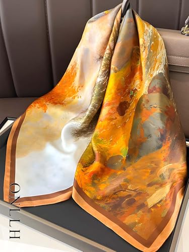 100% Mulberry Silk Scarf for Women Hair Lightweight Square Neckerchief Wrap For Head Scarves 21" - color: 24-golden Jungle /21"*21"