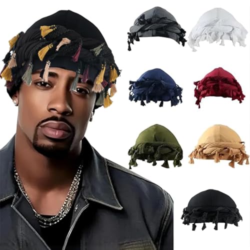 Gturytr Turban for Men Vintage Twist Head Wraps Durag Satin Lined Halo Turban for Women Modal and Satin Scarf Tie - color: Black With Colorful Tassel