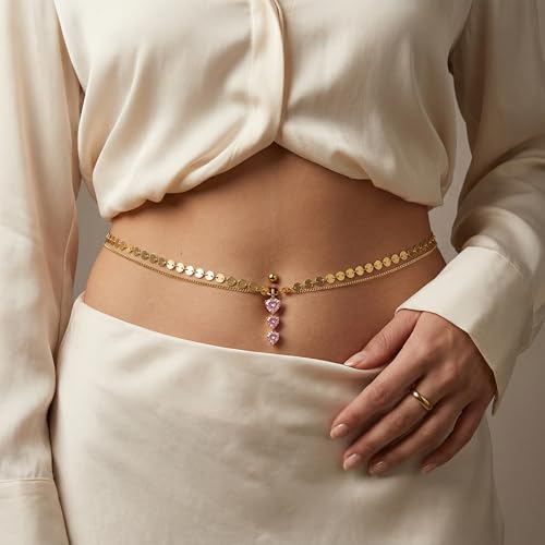 Pink Heart Belly Button Ring with Waist Chain for Women, Gold Triple Cubic Zirconia Dangle Navel Piercing, Adjustable Body Jewelry for Summer Beach Bikini - color: Chain-Style B