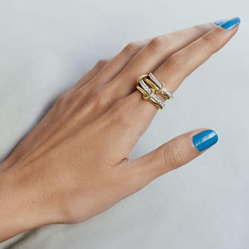 Gold Stackable Rings for Women Non Tarnish, 18k Gold Plated Cubic Zirconia Rings, Silver Gold Multi Ring Mixed Metals Stack Rings Set - color: Two tone, size: 5