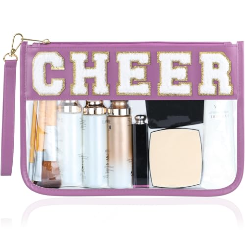 BuyCard Cheer Chenille Letter Bags Clear Makeup Bag, Cheerleader Gift Cosmetic Bag, Varsity Preppy Patch Flat Pouch Cheer Accessories, Waterproof PVC Organizer Toiletry Bag for Women Girls Purple - color: Purple-Cheer