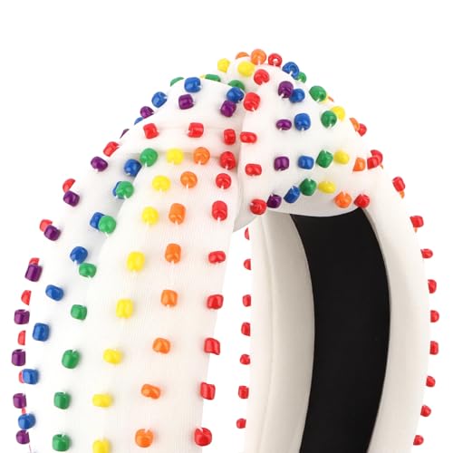 YISSION Rainbow Beaded Knotted Wide Headband for Adults - Colorful Pride Festival Hair Accessory for Parties, Celebrations & Daily Wear - color: Rainbow Colors