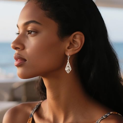 Dangle Earrings for Women, 14K Gold Plated Filigree Dangling Leverback Earrings, Silver Geometric Hypoallergenic Lightweight Dangly Drop Earings for Women Trendy Jewelry Gifts - color: A-Silver