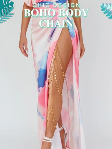 Nicute Boho Sequin Leg Chain Gold Layered Body Chain Tassel Rave Party Thigh Chain Body Accessories for Women