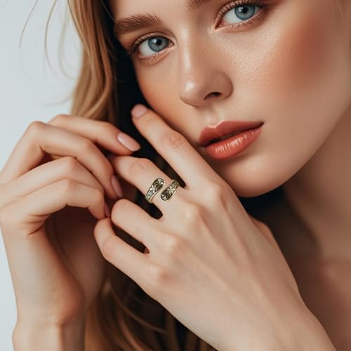 Vintage 14K Gold Plated and Silver Spoon Ring – Adjustable Ring with Carving Design for Women, Unique Boho Open Ring for Gift - color: Gold