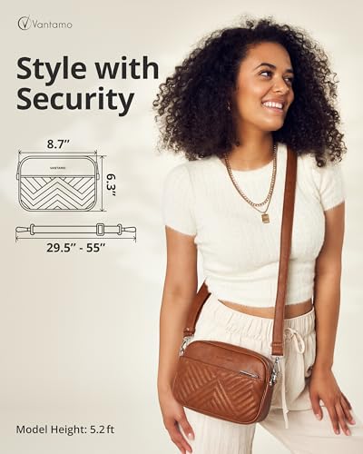 Vantamo Premium Quilted Crossbody Bags for Women with Anti-Pickpocket Clip, Vegan Leather Handbags, Travel Purses for Women - color: Brown With Faux Leather Strap