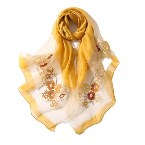 Jeelow Silk Blend Floral Fashion Scarf Shawl Wrap Lightweight Sheer For Women Floral Embroidery Wedding Party Prom - color: Petal Golden Honey