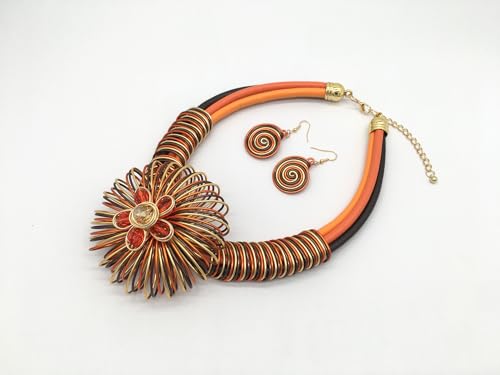Statement African Necklace For Women African Jewelry Costume Earring Sets Tribal Fashion Colorful Big Rhinestone Crystal Pendent Collar Choker Bold Chunky Bib Handmade - color: Flower Orange