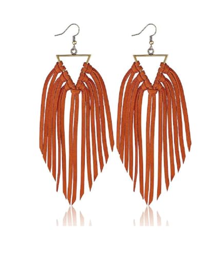 Bohemian Statement Light Weight Fringe Leather Earrrings Triangle Deerskin Leather Boho Western Statement Dangel Earrings for Women - color: Brown