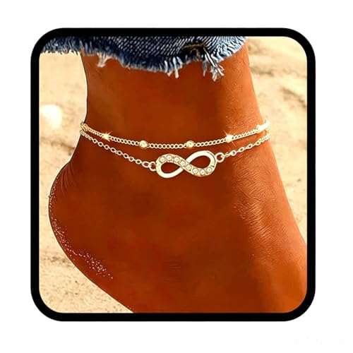 Yalice 925 Silver Ankle Bracelets Chain for Women Dainty 14K Gold Plated Waterproof Beads Anklets Layered Beach Foot Jewelry Gift - color: Gold-Infinity
