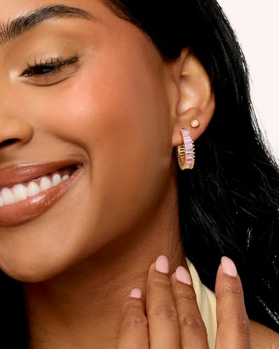 Trendy 14K Gold Plated Hoop Earrings for Women, Chunky Gold/Silver Earrings for Women Cubic Zirconia Baguette Hoop Earrings Heart Hoops Lightweight Hypoallergenic Jewelry,25mm/35mm/40mm/50mm - color: 01 Gold Pink Hoops 25mm