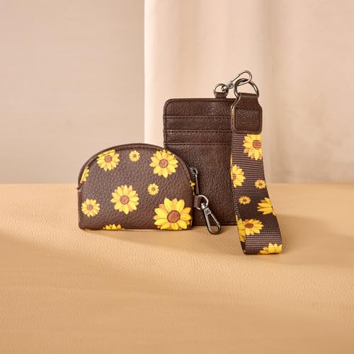 Wrangler KeyChain Wristlet Wallets for Women Sunflower Floral Dual Pouch Wristlet Western Credit Card Holder Wallet with Zipper Pocket - color: Sunflower Coffee