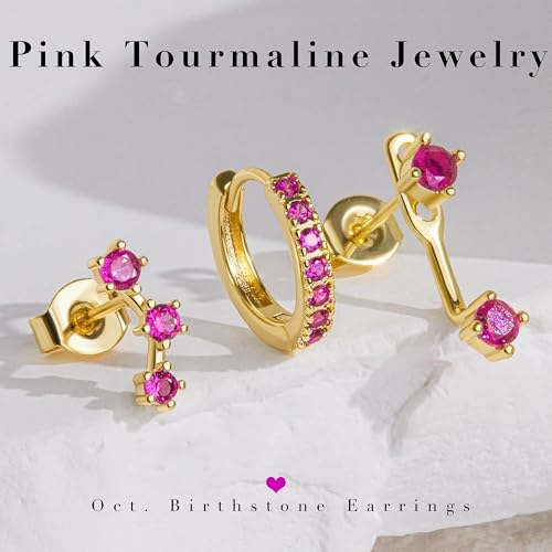 3 Pairs Dainty Small 4th of July Earrings for Women Trendy, Birthstone Stud Huggie Hoop Jacket Stack for Cartilage Helix, Gold Plated Hypoallergenic Cute Women Fashion Accessories Western Jewelry Gifts - color: 10Pink-Oct (Gold)