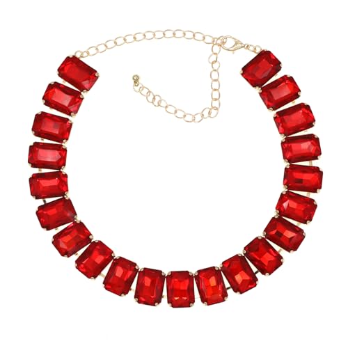 Fashionable Chunky Plated Tennis Rhinestone Statement Necklace Jewelry Set for Women Multicolor gem necklace with Great Sparkle and Shine Design for Women to Easy Match - color: red square rhinestone