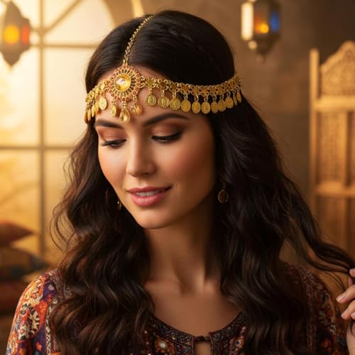 Catery Gold Coins Head Chain Gypsy Headpiece for Women Cotusme(Small Coin) | Rhinestone Egyptian Head Piece Accessories Belly Dance Hair jewelry Headband for Cleopatra Costume Hallween Party Sparkly - color: Small Coin