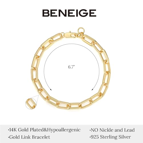 BENEIGE Women Bracelet 14K Gold Plated Paperclip Satellite Bead Ball Oval Cuba Cable Box Chain Daily Charm Layered Link Silver Bracelets Adjustable Jewelry - style: Paperclip Mote Ring