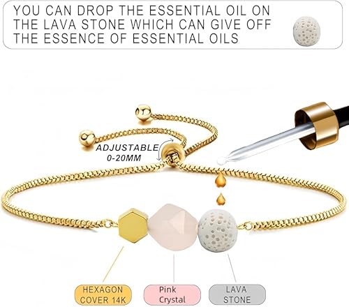 Jardme Essential Oil Diffuser Bracelets, 14K Gold Link Bracelets for Women, Birthday Gifts for Women Mom - color: Pink Crystal
