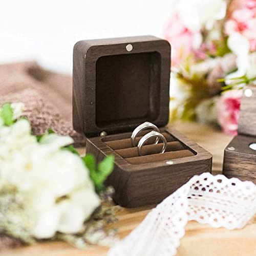 Engagement Wooden Ring Box - Rustic Double Slot Storage Box - Solid Wood Square Vintage Wedding Ring Box (Brown) - color: Rustic - 2 slot - Brown
