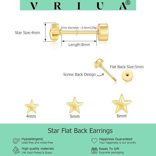 VRIUA 20G Tiny Flat Back Earrings for Women - 14K Gold/Silver Plated Small Flat Back Stud Earrings Hypoallergenic Cartilage Helix Piercing Jewelry - color: 4/5/6mm-Star Flat Gold