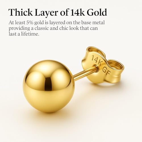 Kezef 14K Gold Filled Ball Stud Earrings for Women - Thick 14K Gold Layer, Hypoallergenic for Sensitive Ears, Round Studs | 3mm-9mm - style: 3mm, 4mm, 5mm