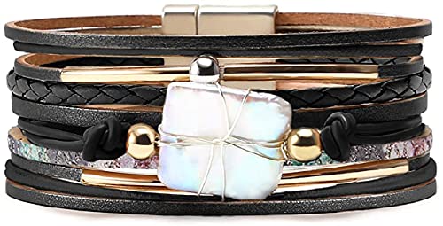 Fesciory Leopard Bracelet for Women, Boho Leather Wrap Multi-Layer Pearl Crystal Bracelet Bangle Jewelry - style: Black Leather(Pearl)