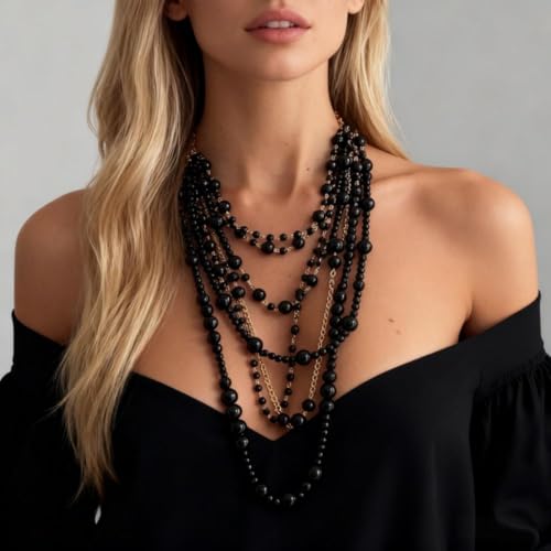 Layered Pearl Necklaces for Women Big Pearl Long Chain Necklace Dainty Faux Pearl Necklaces Statement Sweater Strand Chain Jewelry - style: Black