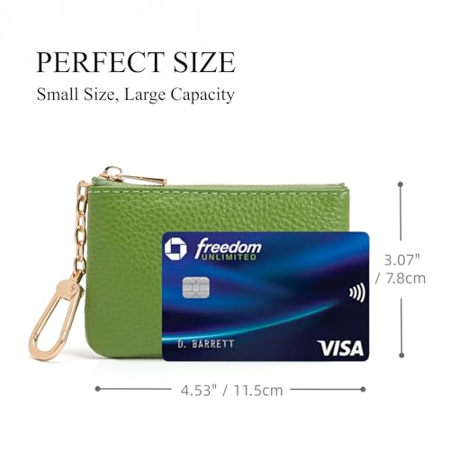 Full Grain Leather Coin Purse with Key Chain - Small Change Purse Keychain Card Holder Keychain Pouch Small Keychain Wallet for Women and Men (Grass Green) - color: Grass Green, Regular Size