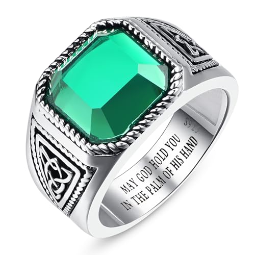 7ct Vintage Teal Turquoise|Emerald|Black Onyx Ring for Men 925 Sterling Silver Men Rings 11mm Square-Cut Mens Cocktail Rings Celtic Pattern Band for Dad Father Size 7-12 - color: Irish Celtic Knot-Simulated Emerald