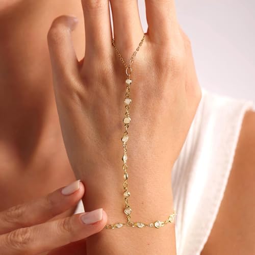 BAYLAY Hand Chain Bracelet, 14K Gold Plated Ring Bracelet Hand Chain Dainty Gold Bracelet for Women Trendy Finger Ring Slave Bracelets Hand Jewelry for Women Summer Beach Boho Gifts Trendy Stuff - color: Multi CZ